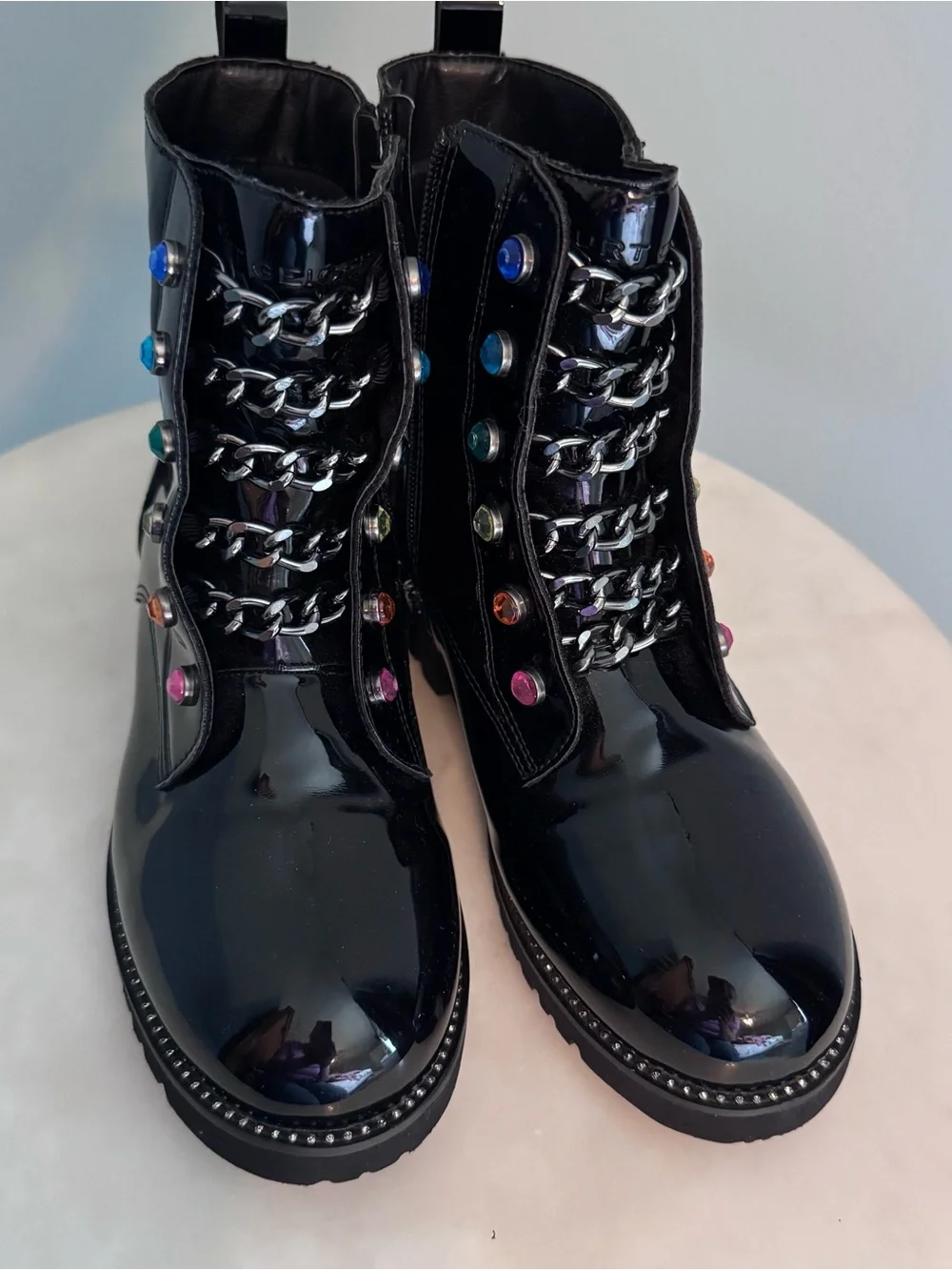 Kurt Geiger Black Patent Combat Boots with Multicolor Studs Girls' Mini Bax Boot